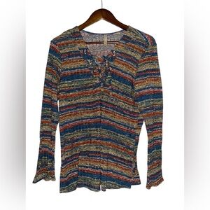 Chenault Striped Southwestern‎ Top Tribal Aztec Pullover Tie Front Women XL